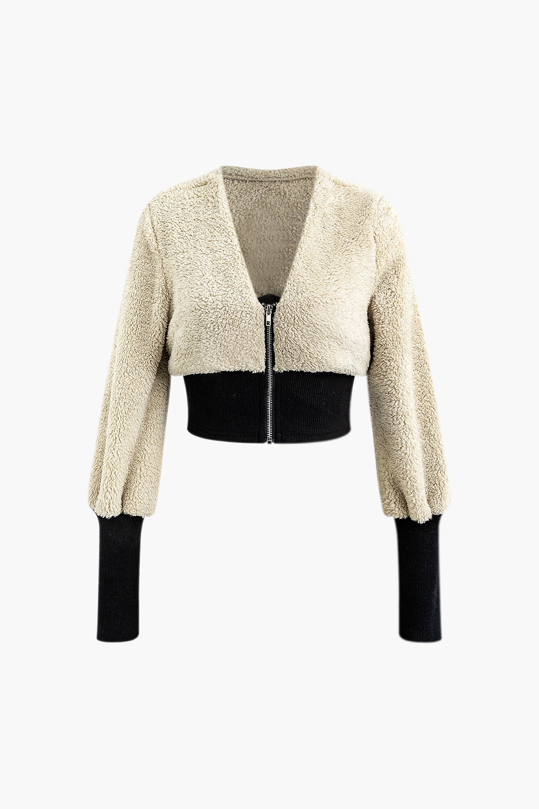 V-Neck Fleece Patchwork Zipper Crop Jacket for Y2K Aesthetic and Cozy Style