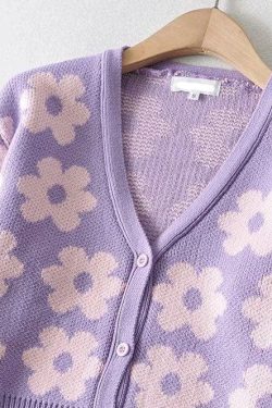 V-Neck Floral Pattern Button-Up Knitted Cardigan Top for Y2K Aesthetic Outfits