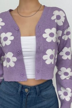 V-Neck Floral Pattern Button-Up Knitted Cardigan Top for Y2K Aesthetic Outfits