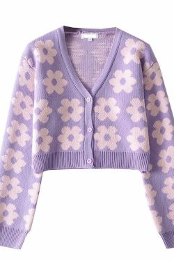 V-Neck Floral Pattern Button-Up Knitted Cardigan Top for Y2K Aesthetic Outfits