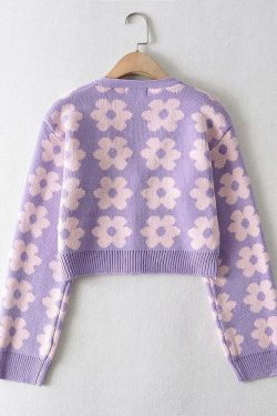 V-Neck Floral Pattern Button-Up Knitted Cardigan Top for Y2K Aesthetic Outfits