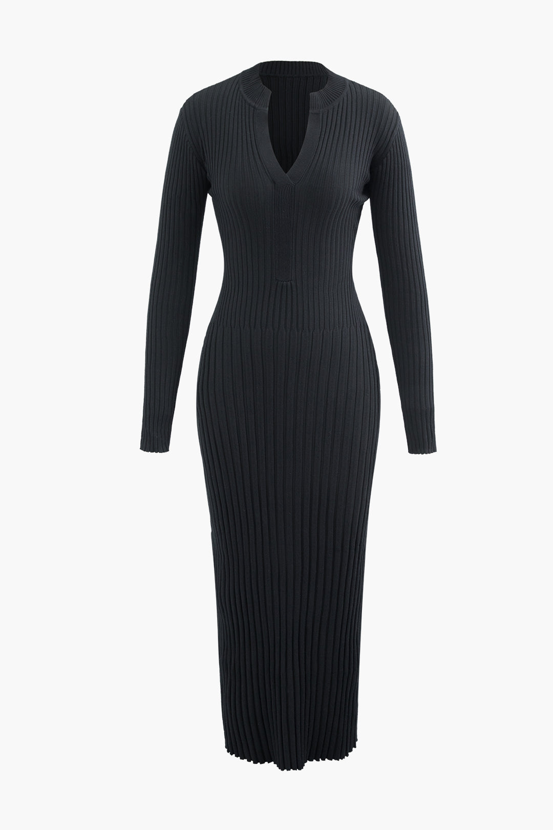 V-Neck Frayed Hem Rib Knit Long Sleeve Maxi Dress - Y2K Aesthetic Fashion Essential