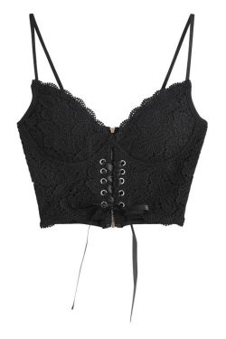 V-Neck Heart Neck Solid Lace-Up Zip-Up Cami Top with Lace Hem for Y2K Aesthetic Outfits