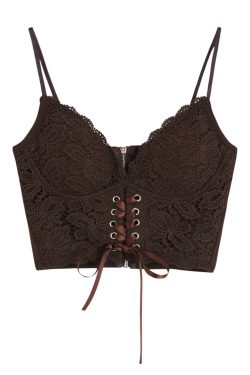 V-Neck Heart Neck Solid Lace-Up Zip-Up Cami Top with Lace Hem for Y2K Aesthetic Outfits