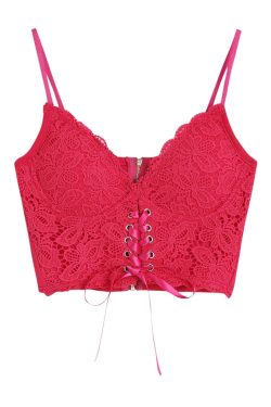 V-Neck Heart Neck Solid Lace-Up Zip-Up Cami Top with Lace Hem for Y2K Aesthetic Outfits