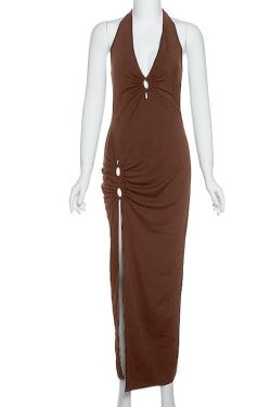 V-Neck Hollow Out Ring Slit Solid Maxi Dress - Y2K Aesthetic Fashion Statement Piece