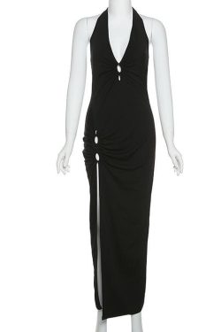 V-Neck Hollow Out Ring Slit Solid Maxi Dress - Y2K Aesthetic Fashion Statement Piece