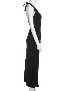 V-Neck Hollow Out Ring Slit Solid Maxi Dress - Y2K Aesthetic Fashion Statement Piece