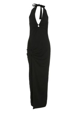 V-Neck Hollow Out Ring Slit Solid Maxi Dress - Y2K Aesthetic Fashion Statement Piece