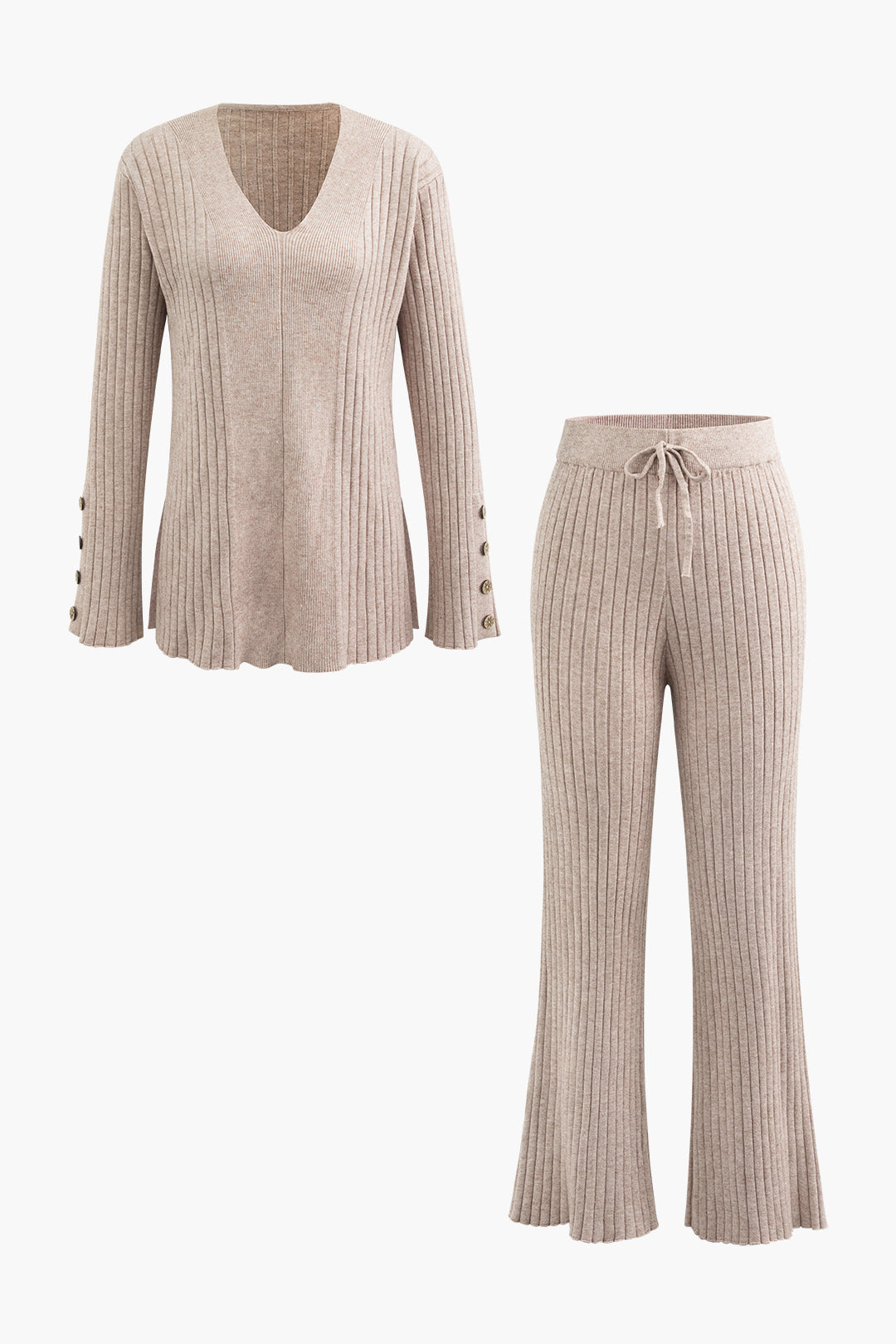 V-Neck Knit Slit Long Sleeve Top & Tie Waist Pants Set for Y2K Aesthetic Outfits