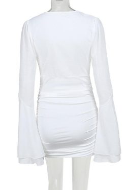 V-Neck Long Flared Sleeve Ruched Mini Dress - Y2K Aesthetic Solid Style for Trendy Looks