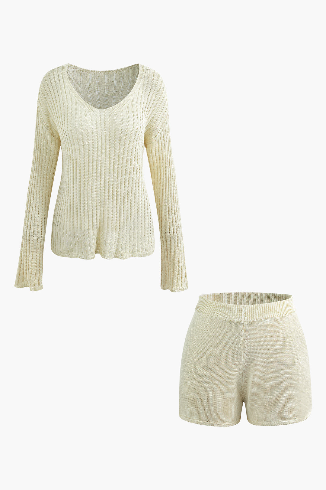 V-Neck Long Sleeve Knit Top and Shorts Set - Y2K Aesthetic Comfy Outfit for Trendy Looks