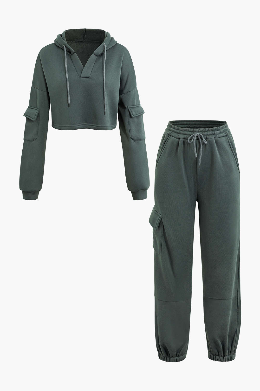 V-Neck Long Sleeve Pocket Hoodie and Comfy Sweatpants Set for Y2K Aesthetic Outfits