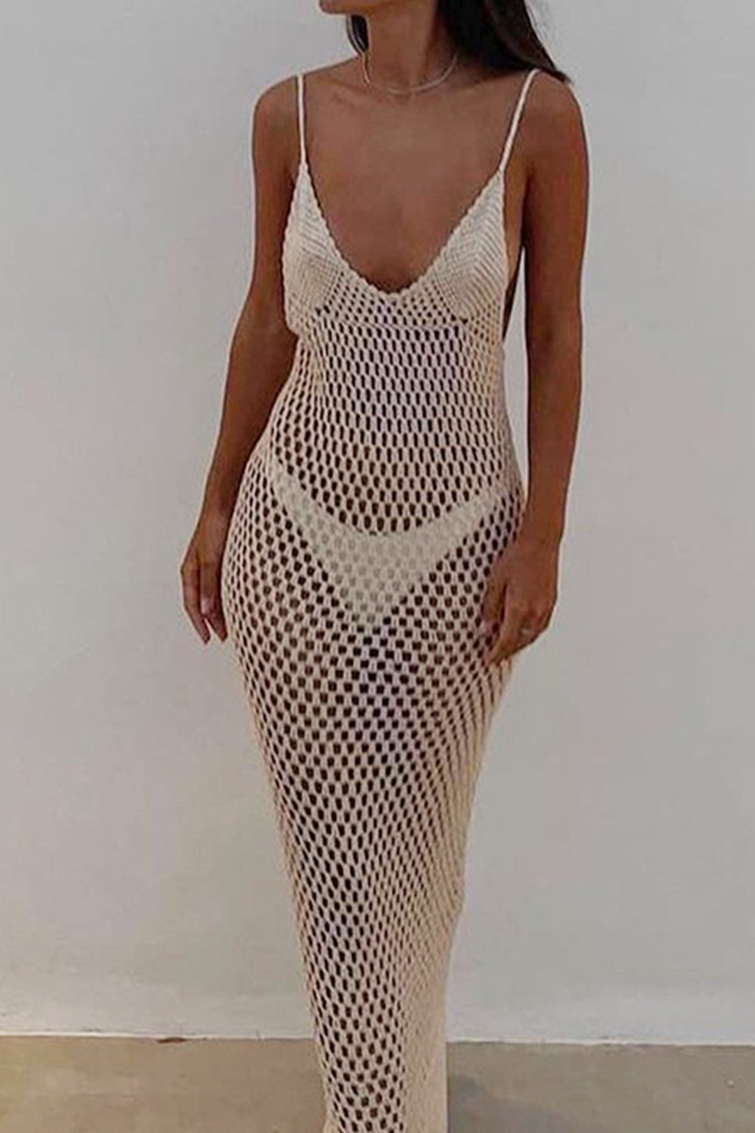 V-Neck Open Knit Backless Maxi Dress - Y2K Aesthetic Cover-Up for Stylish Summer Looks