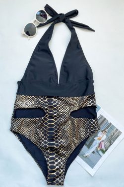 V-Neck Padded Halter Snakeskin One-Piece Swimsuit for Y2K Fashion Lovers