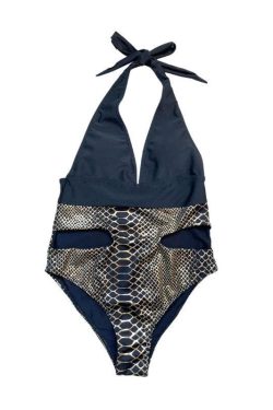 V-Neck Padded Halter Snakeskin One-Piece Swimsuit for Y2K Fashion Lovers