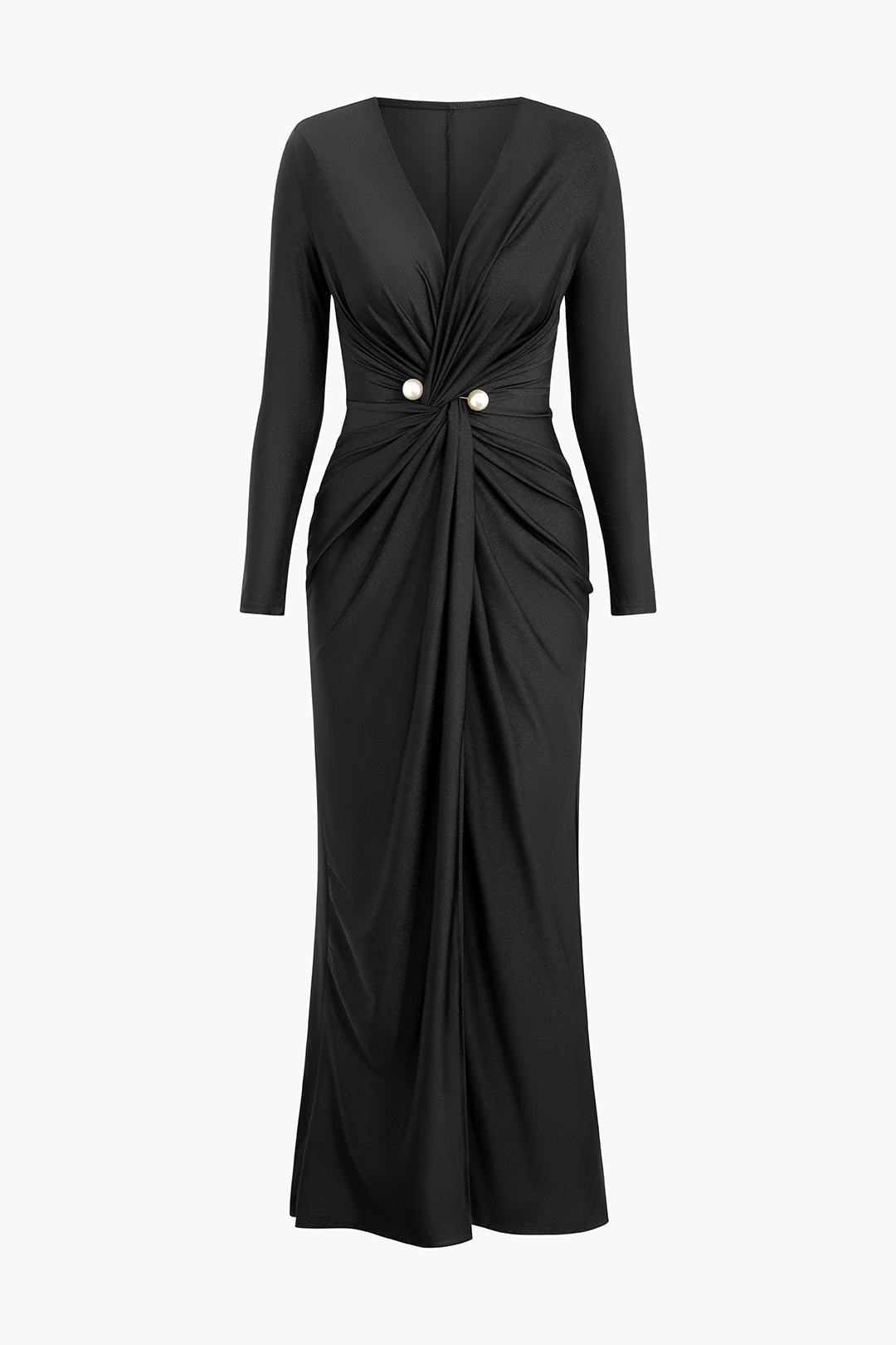 V-neck Pearl Cross Twist Front Ruched Maxi Dress - Elegant Y2K Aesthetic Long Sleeve Style