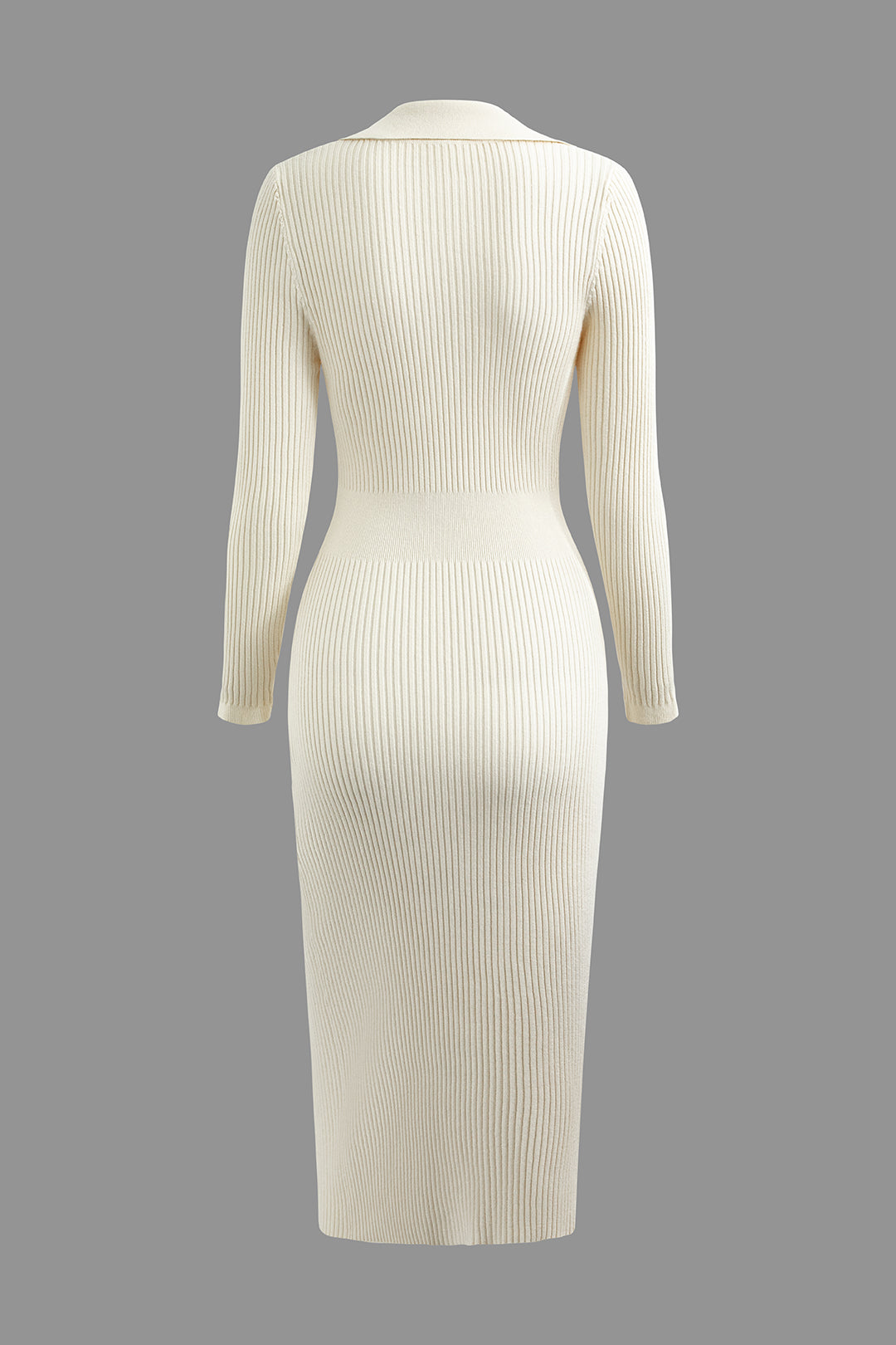 V-Neck Rib Knit Collar Button Long Sleeve Midi Dress in Y2K Aesthetic Style