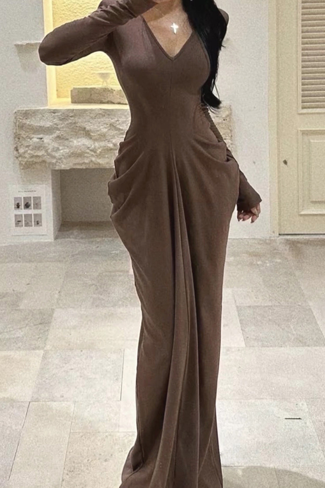 V-Neck Ruched Long Sleeve Maxi Dress - Elegant Y2K Fashion for Effortless Style