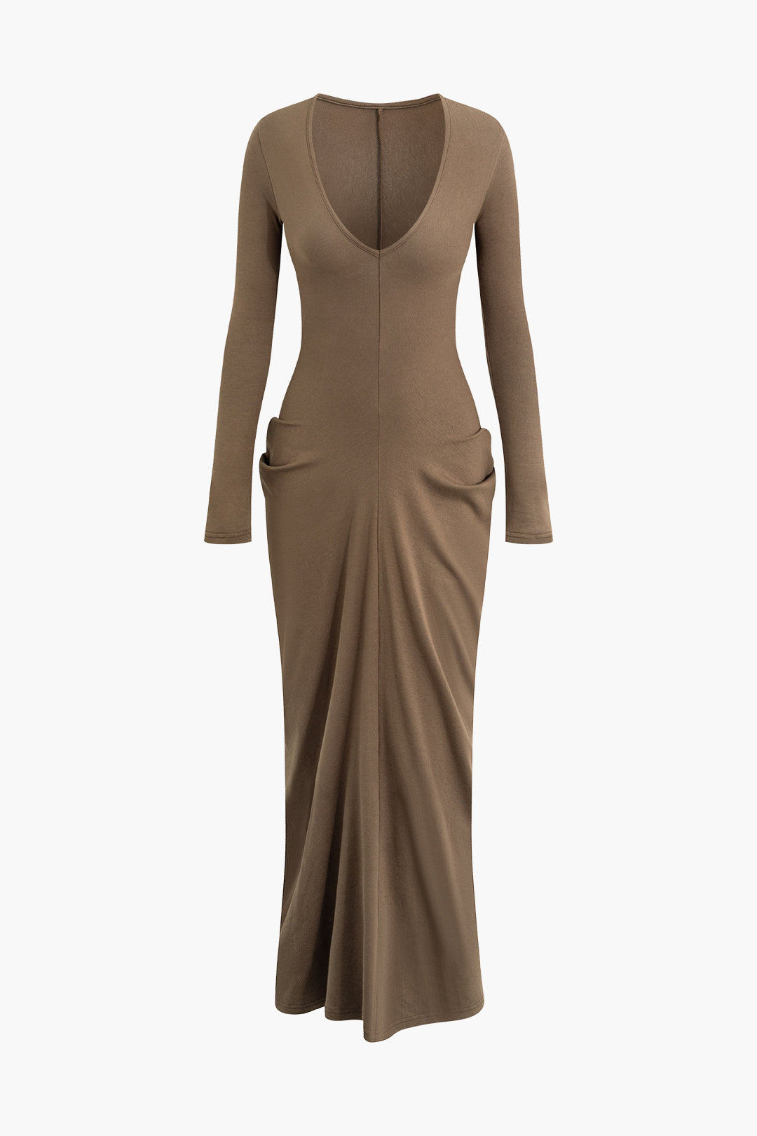 V-Neck Ruched Long Sleeve Maxi Dress - Elegant Y2K Fashion for Effortless Style