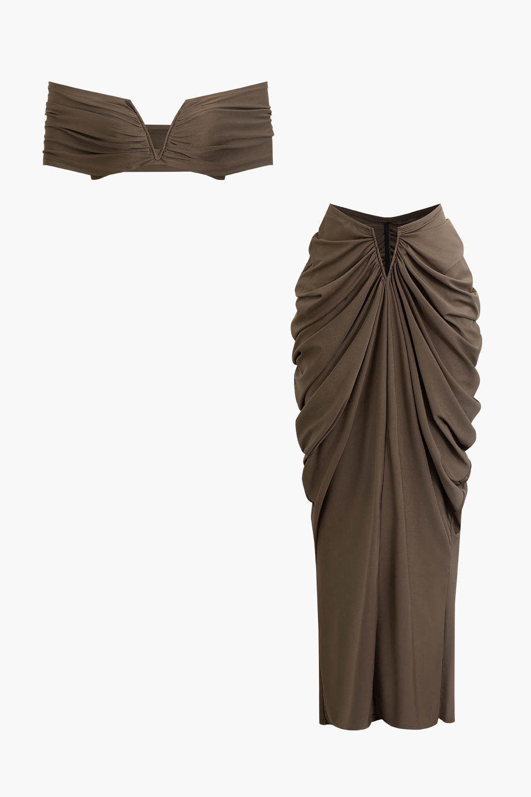 V-Neck Ruched Top & V-Shape Cut Waist Maxi Skirt Set for Y2K Fashion Aesthetic Outfits