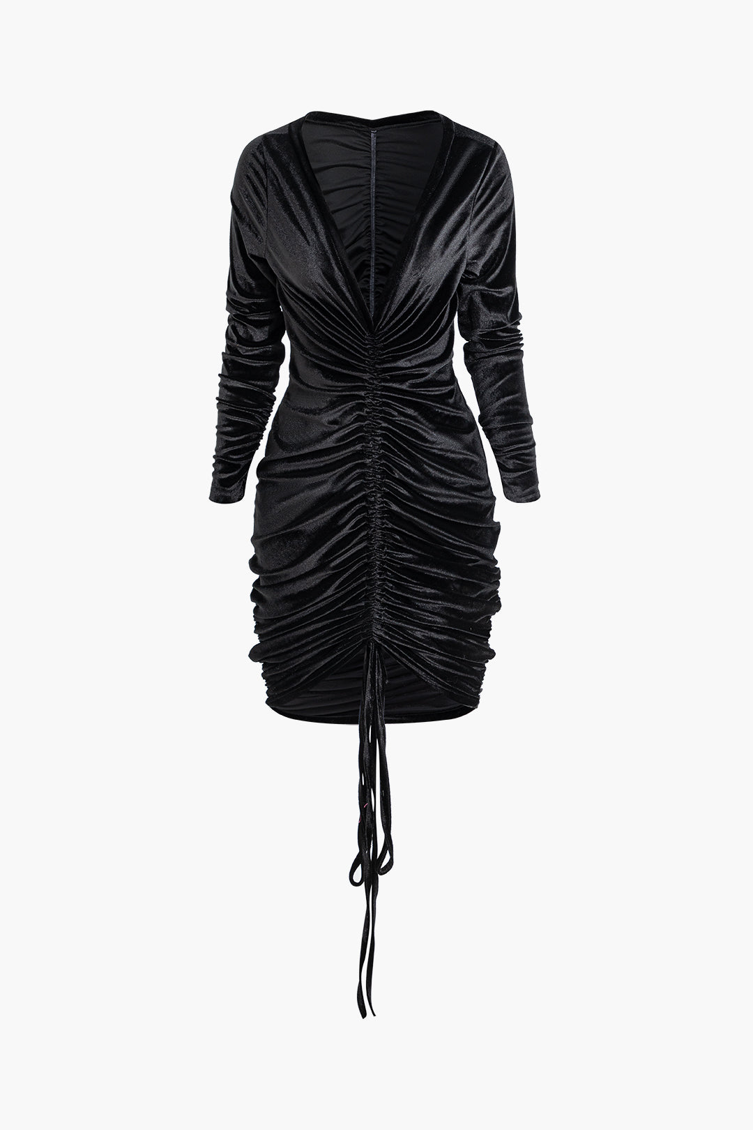 V-Neck Ruched Velvet Midi Dress with Drawstring Long Sleeves for Y2K Aesthetic Style