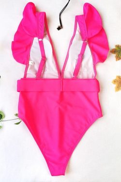 V-Neck Ruffled One-Piece Swimwear in Y2K Style for a Cute Coquette Aesthetic