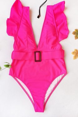 V-Neck Ruffled One-Piece Swimwear in Y2K Style for a Cute Coquette Aesthetic