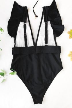 V-Neck Ruffled One-Piece Swimwear in Y2K Style for a Cute Coquette Aesthetic