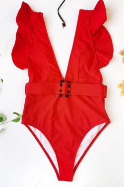 V-Neck Ruffled One-Piece Swimwear in Y2K Style for a Cute Coquette Aesthetic