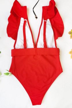 V-Neck Ruffled One-Piece Swimwear in Y2K Style for a Cute Coquette Aesthetic