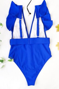 V-Neck Ruffled One-Piece Swimwear in Y2K Style for a Cute Coquette Aesthetic