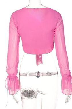 V-Neck Self-Tie Front Chiffon Long Sleeve Crop Top - Y2K Aesthetic Cute Top for Stylish Outfits