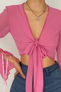 V-Neck Self-Tie Front Chiffon Long Sleeve Crop Top - Y2K Aesthetic Cute Top for Stylish Outfits