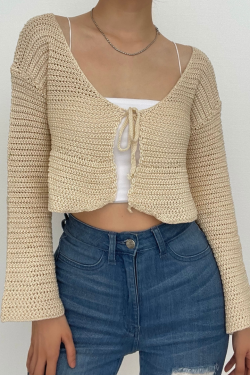 V-Neck Self-Tie Knit Crochet Long Sleeve Solid Crop Top for Y2K Aesthetic Outfits