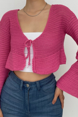 V-Neck Self-Tie Knit Crochet Long Sleeve Solid Crop Top for Y2K Aesthetic Outfits