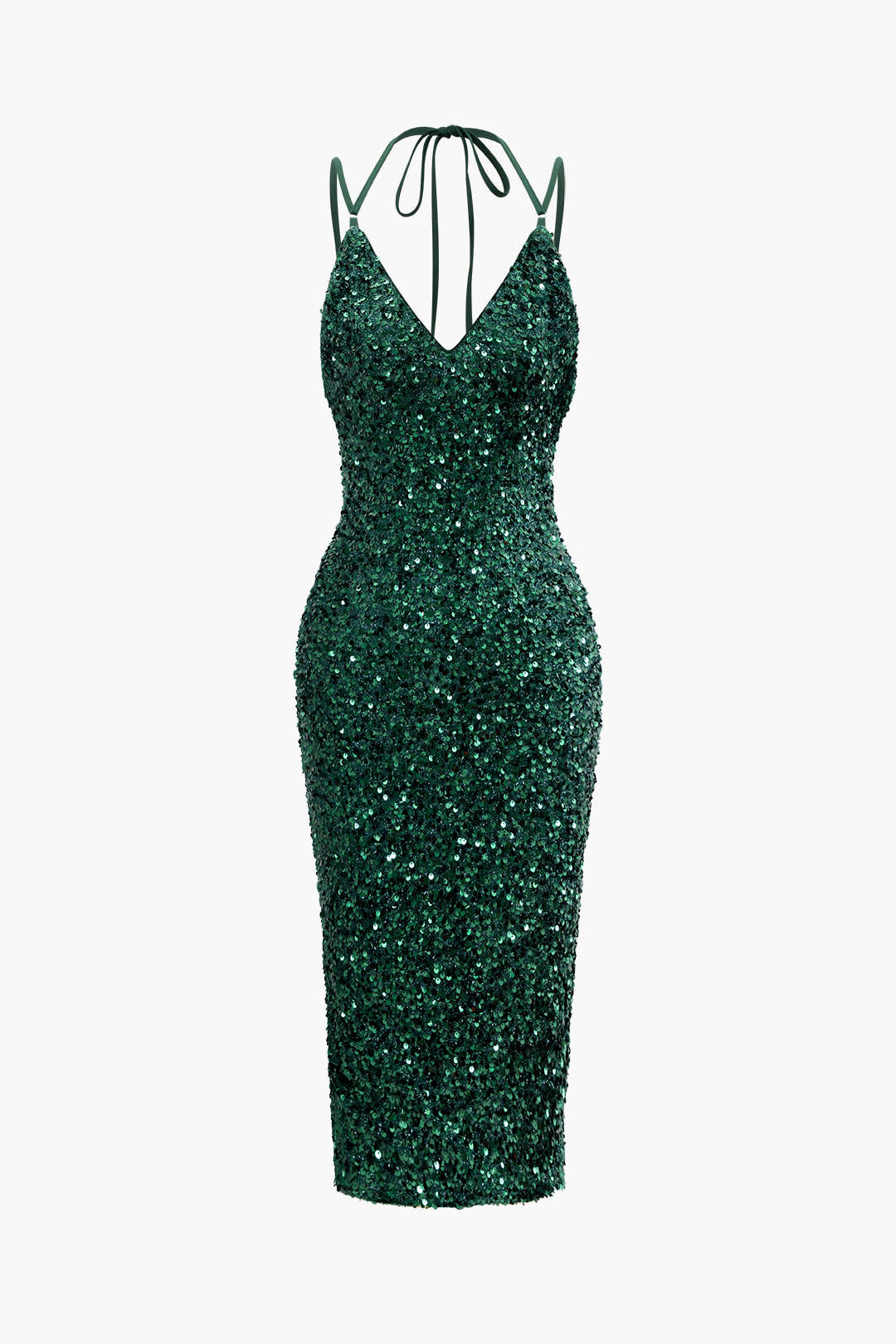 V-Neck Sequin Halter Backless Slit Midi Dress for Y2K Fashion & Coquette Aesthetic