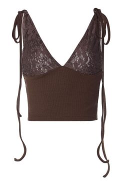 V-Neck Sheer Lace Ribbed Patchwork Ruched Backless Top for Y2K and Coquette Aesthetic