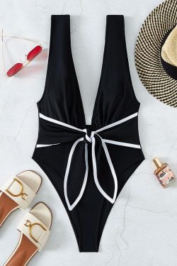 V-Neck Sleeveless Knotted Contrast One-Piece Swimsuit for Y2K Aesthetic Summer Vibes