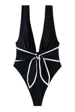 V-Neck Sleeveless Knotted Contrast One-Piece Swimsuit for Y2K Aesthetic Summer Vibes