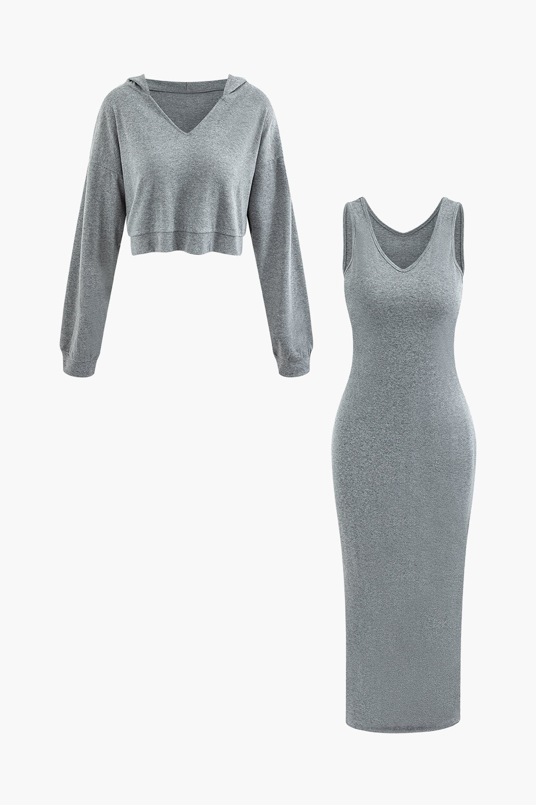 V-Neck Sleeveless Maxi Dress with Comfy Hooded Crop Sweatshirt Set for Y2K Aesthetic