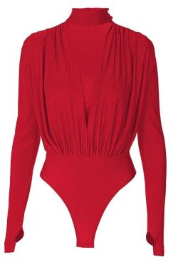 V-Neck Solid Ruched Long Sleeve Bodysuit with High Neck - Y2K Fashion Essential