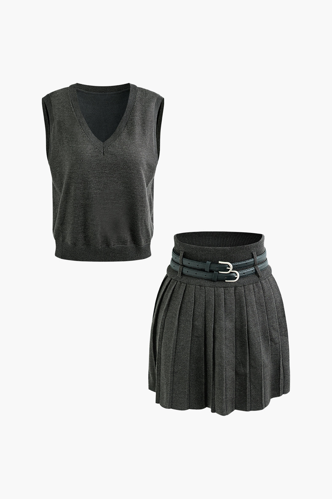 V-Neck Sweater Vest & Double Belt Pleated Skirt Set for Y2K Aesthetic Outfits