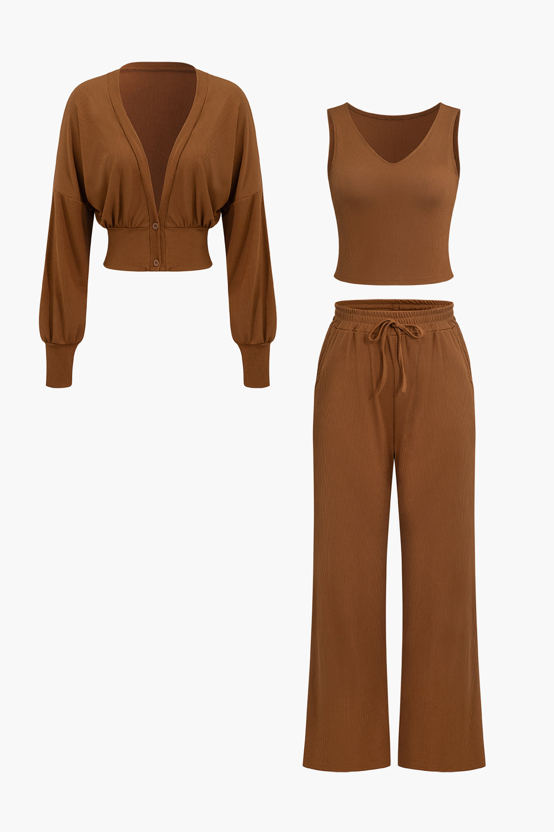 V-Neck Tank Top, Button-Up Cardigan & High-Waist Drawstring Pants 3-Piece Y2K Outfit Set