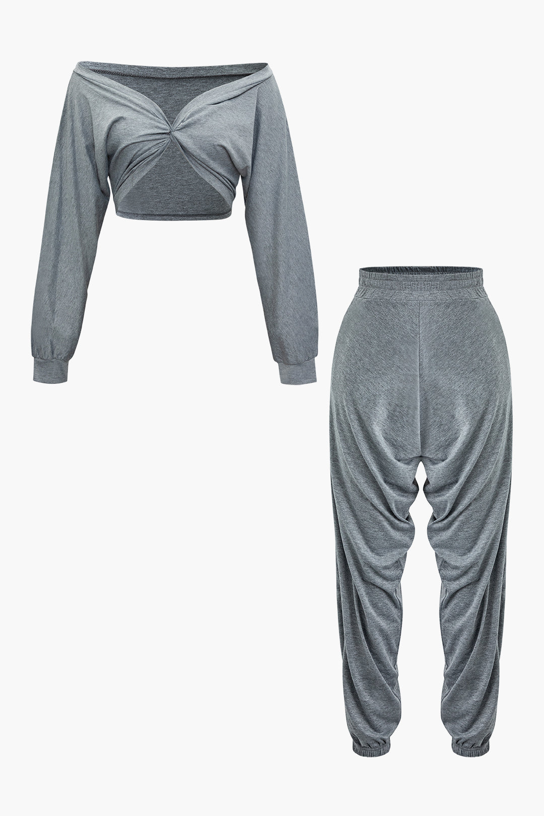 V-Neck Twist Front Long Sleeve Top with High Waist Sweatpants Set for Y2K Aesthetic Outfits