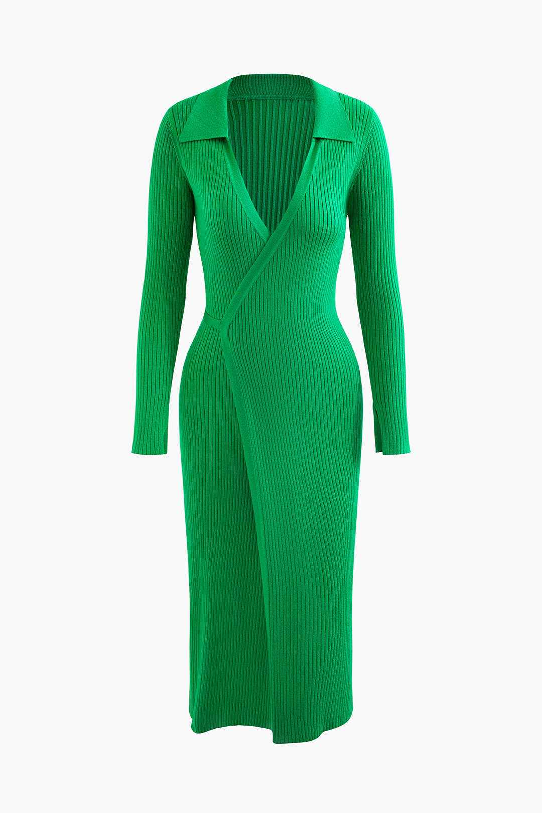 V-neck Wrap Tie Long Sleeve Rib Knit Midi Dress - Y2K Aesthetic Fashion Essential