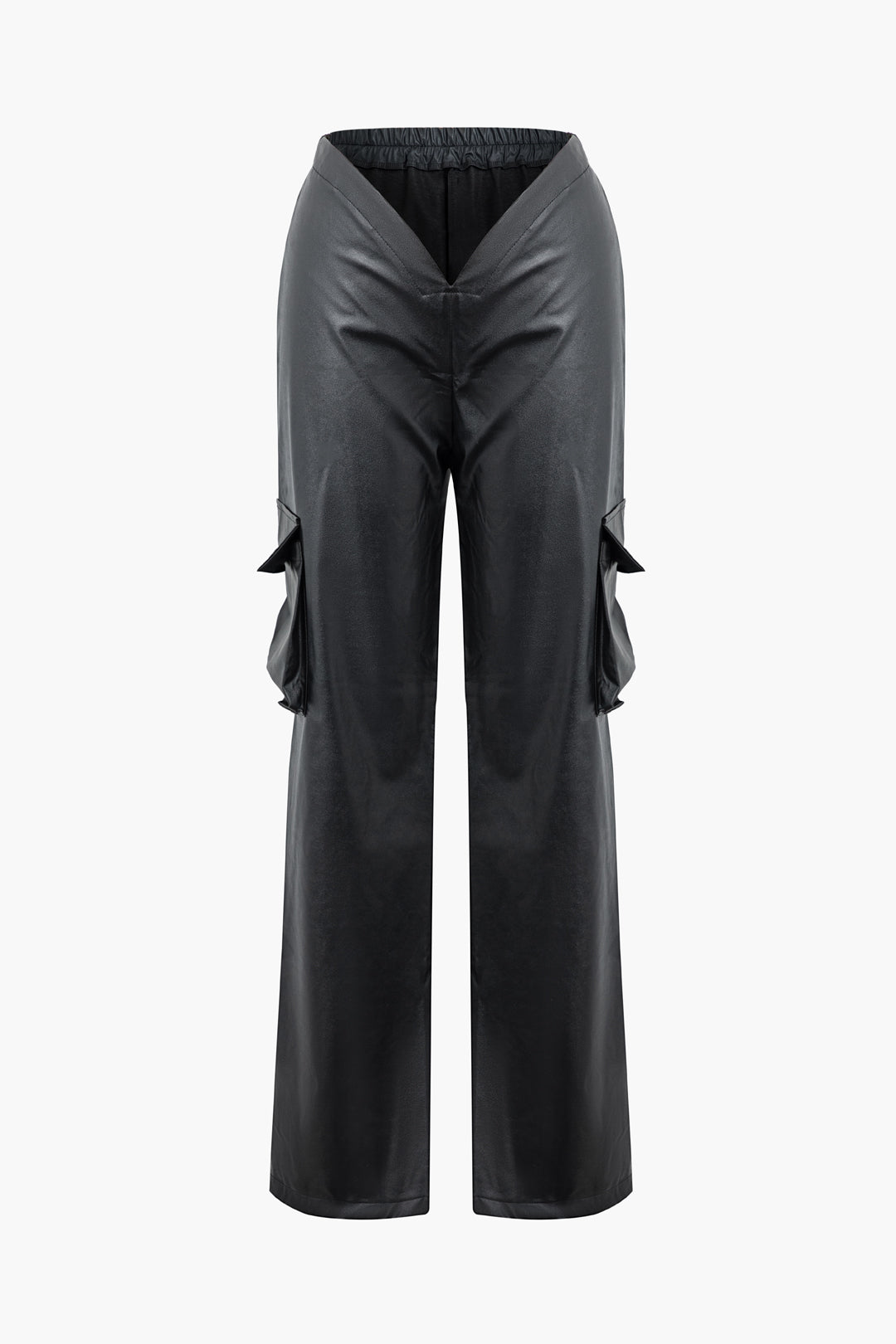 V-Waist Faux Leather Cargo Pants with Flap Pockets for Y2K and Grunge Aesthetic Styles