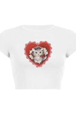 Valentine's Day Cat Lover Heart Graphic Tee - Cute Y2K Aesthetic Top for Cat Enthusiasts