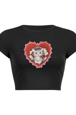 Valentine's Day Cat Lover Heart Graphic Tee - Cute Y2K Aesthetic Top for Cat Enthusiasts