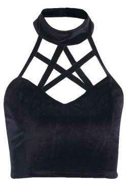 Velvet Buttoned Back Cross-Front Halter Crop Top for Y2K Fashion & Coquette Aesthetic